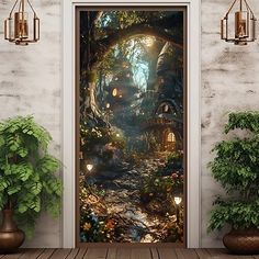 an open door with a forest scene on it