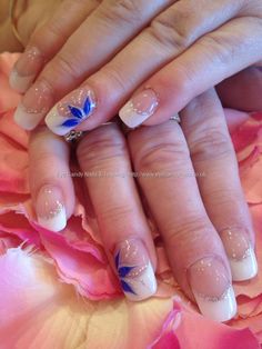 Side Flower Nail Design, French Manicure With Blue Flower, Blue Flower On Nails, French Nails With Blue Accent, Wedding Nails Design French, Side Nail Design, Wedding Nails With Blue Accent, French Nails With Blue Design, Blue Flower Nail Art