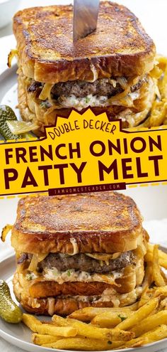 the french onion patty melt sandwich is cut in half and served on a plate with fries