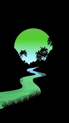 a river running through a lush green forest under a moon filled sky with palm trees