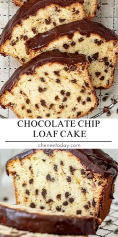 chocolate chip loaf cake on a cooling rack with one slice cut out and the other half eaten