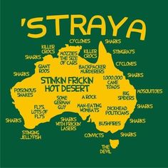 a green and yellow poster with words written in the shape of australia's map