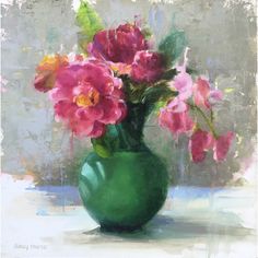 a painting of pink flowers in a green vase