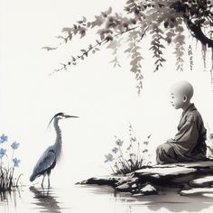 a painting of a person sitting on a rock next to a body of water with a bird nearby