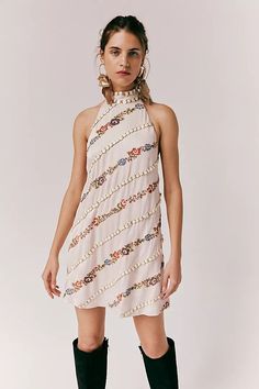 Rene Mini Dress | Free People Extra Dresses, Rose Applique, Free People Mini Dress, Open Back Dresses, Beaded Dress, Halter Neckline, Free People Dress, Embroidered Dress