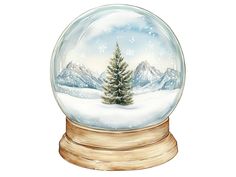 a snow globe with a christmas tree in the middle and mountains in the background, on a wooden stand