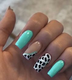 Turquoise Acrylic Nail Designs, Blue Cow Print Nails Acrylic, Cow Print Nails With Teal, Teal Nail Designs Turquoise, Dark Blue Cow Print Nails, Teal Nail Ideas, Cow Print Nails, Turquoise Nails Western Cow Print