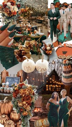 a collage of photos with pumpkins and other decorations