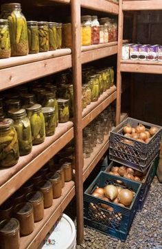 the shelves are filled with jars and containers full of pickles, onions, and other vegetables