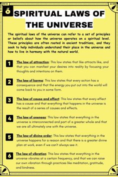 a yellow poster with black and white writing on it that says, spirit laws of the universe