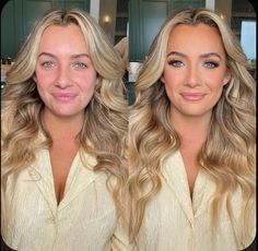 a woman with blonde hair and blue eyes is shown before and after her make - up