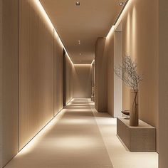 an empty hallway is lit by recessed lighting and a vase with a plant in it