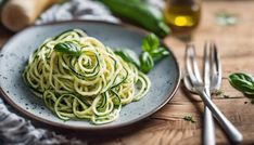 a plate of pasta with pesto sauce and basil on the side next to silverware