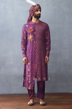 Purple full sleeve kurta with heart, floral stripe, rose print all over. Paired with pant. - Aza Fashions Purple Long Sleeve Kurta With Printed Motifs, Festive Long Sleeve Digital Print Kurta, Purple Long Sleeve Sets With Digital Print, Traditional Long Sleeve Kurta With Digital Print, Designer Long Sleeve Kurta For Spring, Purple Long Sleeve Sets With Printed Motifs, Fitted Long Sleeve Kurta With Printed Motifs, Fitted Long Sleeve Kurta With Digital Print, Pink Printed Long Sleeve Kurta