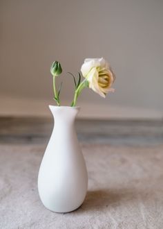 a white vase with two flowers in it on a tableclothed surface next to a wall