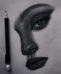 a pencil drawing of a woman's face next to a black and white pen