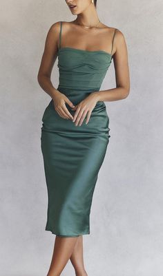 Our midi dress has an elegant and glamorous feel in a fresh forest hue. The bodice is cut from a semi-sheer georgette and fitted with our incredible corsetry boning to cinch the waist. It has a zip to the back for easy on and is fully lined for a smooth and comfortable finish.WHERE TO WEAR:<span data-font-family='-apple-system. "system-ui". "San Franci... Pleated Party Dress, Corset Midi Dress, Garden Parties, Satin Slip, Green Satin, Corset Dress, Guest Dresses, Wedding Guest Dress, Green Dress