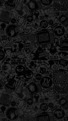 black and white wallpaper with various stickers on it