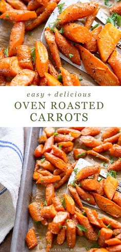 roasted carrots with parsley on top and the title overlay reads easy, delicious oven roasted carrots