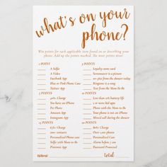 an orange and white game card with the words what's on your phone?