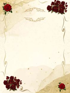 a white background with some red flowers in the middle and a gold border around it