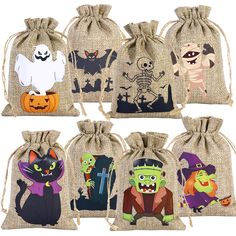 six halloween bags with cartoon characters on them