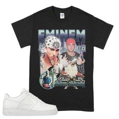 a pair of sneakers and a t - shirt with the image of emim on it