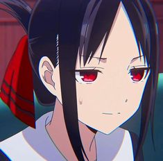 an anime character with red eyes and black hair