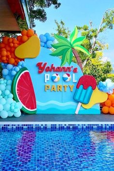 a pool party sign with balloons and watermelon