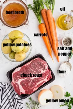 an image of raw meat and vegetables on the table with words describing how to cook it