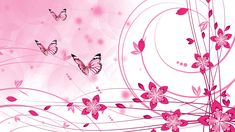 pink flowers and butterflies with swirls on a white background for wallpaper or backdrop