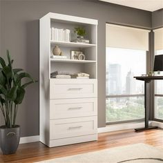 a white bookcase in a room with a desk and potted plant next to it