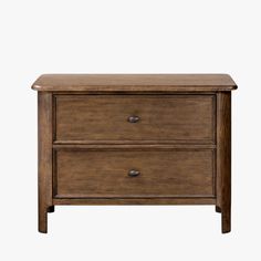 a wooden nightstand with two drawers on one side and an open drawer on the other