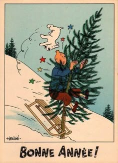 an old fashioned christmas card with a cartoon character on a sled carrying a tree