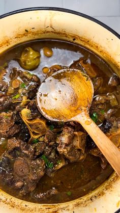 a wooden spoon in a pot filled with stew