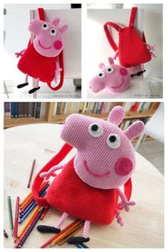 three pictures of pepo the pig with pencils and crochet on it