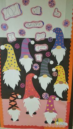 a bulletin board decorated with gnomes and peace signs