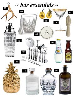 there are many different types of bar essentials on this page, including bottles and glasses