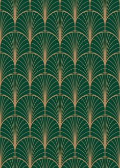 an art deco style wallpaper with green and gold fan shaped design on the back