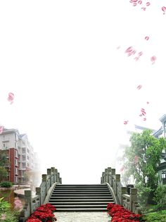 the stairs are covered with red flowers and petals