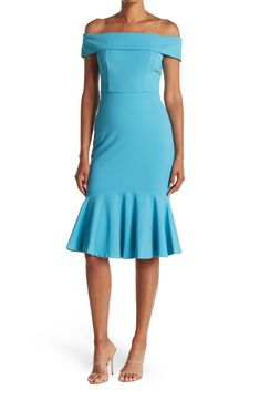 A solid colorway scuba crepe dress with an en vogue off the shoulder neckline offers a refined, elegant style. Off-the-shoulder. Solid colorway. Approx. 42" length (size 6). Imported Fitted Off-shoulder Midi Dress, Spring Elastane Off-shoulder Dresses, Elegant Strapless Summer Dress, Elegant Off-shoulder Elastane Bodycon Dress, Elegant Off-shoulder Dress, Formal Fitted Sleeveless Off Shoulder Dress, Elegant Knee-length Stretch Off Shoulder Dress, Elegant Stretch Knee-length Off Shoulder Dress, Summer Crepe Fitted Midi Dress