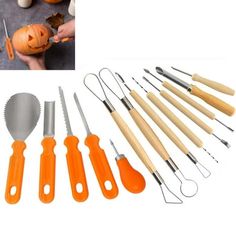 an assortment of kitchen utensils and pumpkins