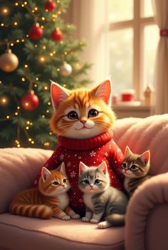 three kittens are sitting on a couch in front of a christmas tree with lights