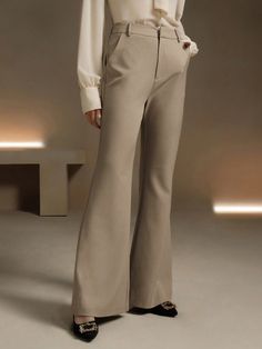 Elegant Bell-Bottom Urban Style Women's Suit Pants Khaki    Woven Fabric Plain Flare Leg Slight Stretch  Women Clothing, size features are:Bust: ,Length: ,Sleeve Length: Beige Non-stretch Ankle-length Dress Pants, Non-stretch Beige Ankle-length Dress Pants, Beige Full-length Dress Pants For Fall, Beige Full Length Dress Pants For Fall, Beige Full-length Office Bottoms, Beige Full Length Office Bottoms, Full Length Beige Office Bottoms, Beige Office Pants For Fall, Women Suit Pants