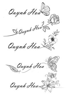 four different types of flowers and butterflies with the words, each written in black ink