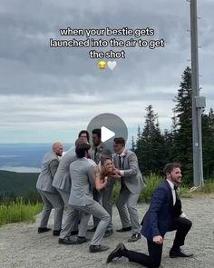 a man kneeling down in front of a group of people with the caption when you're bestie gets launched into the air to get the shot