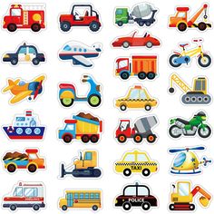 PRICES MAY VARY. Diverse Transportation Designs: these transportation stickers have a variety of pattern designs, such as cars, trucks, tractors, trains, bulldozers, taxis, concrete trucks, cranes, these truck stickers can provide your little one with knowledge about vehicles Vehicle Style Stickers Bulk: the package contains 500 pieces of car stickers for kids, a total of 25 styles, each style has 20 pieces, containing many cute cars and trucks patterns, each school sticker is measuring approx. Taxi Clipart, Tractor Party Favors, Cars Clipart, Toy Illustration, Vehicle Stickers, Teaching Clipart, Transportation Birthday, Car Sticker Design, Nursery Activities