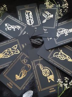 Black and gold oracle cards with animal spirits Animal Oracle Cards, Rune Casting, Divination Cards, Elder Futhark, Oracle Deck