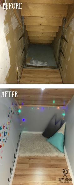 before and after photos of a tiny bedroom in a trailer with wood flooring, built in bunk beds