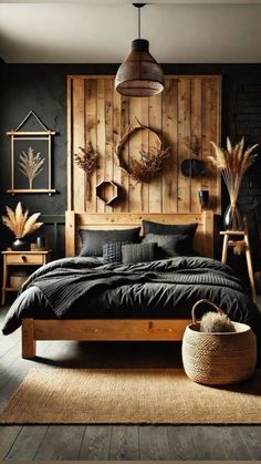 a bed room with a neatly made bed and wooden walls